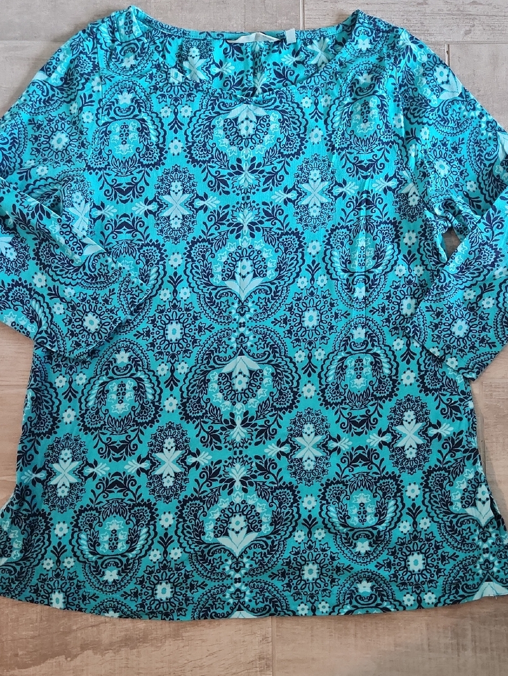 Soft Surroundings Turquoise and Navy Patterned 3/4 Sleeve Tunic - SizeM